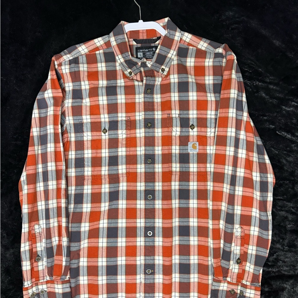Carhartt Men’s Orange, Gray & White Plaid Button-Down Shirt